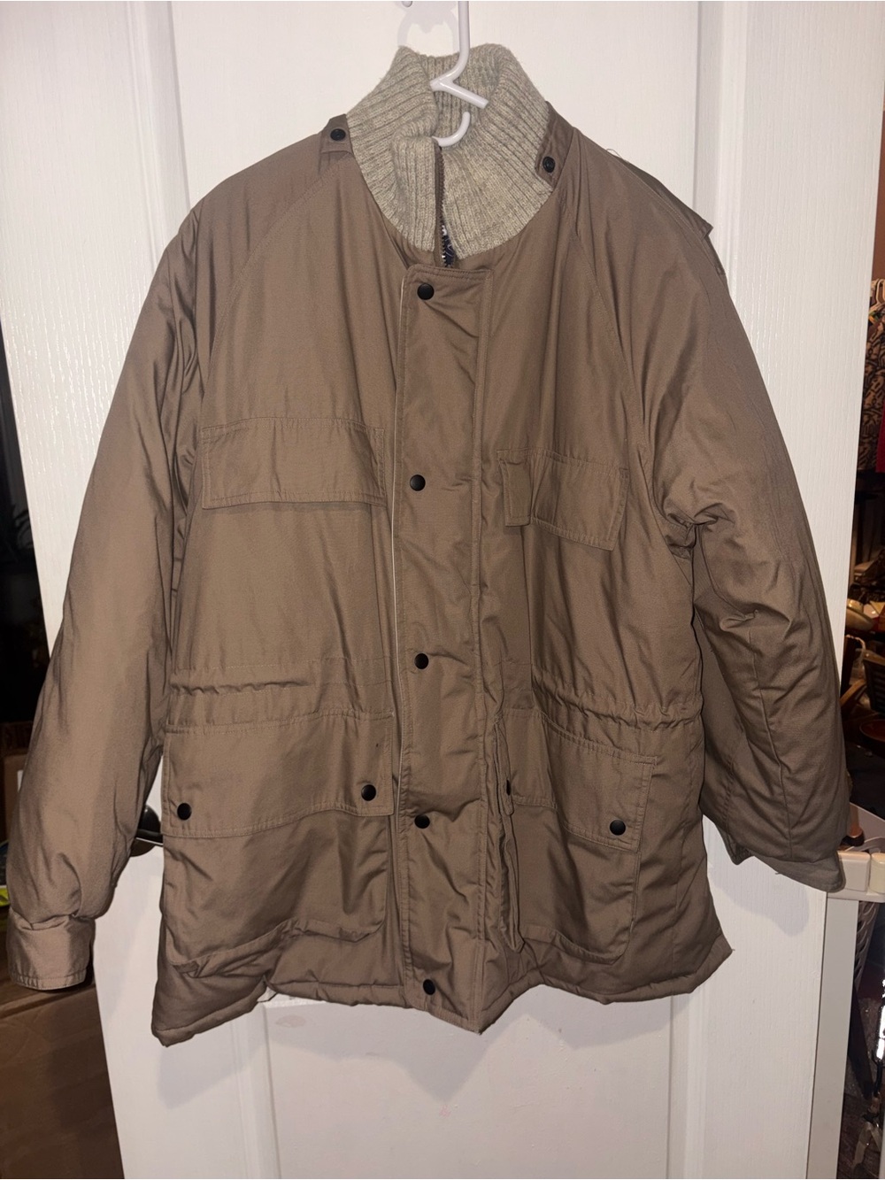 Men's Insulated Tan Puffer Field Jacket with Knit Collar - XL